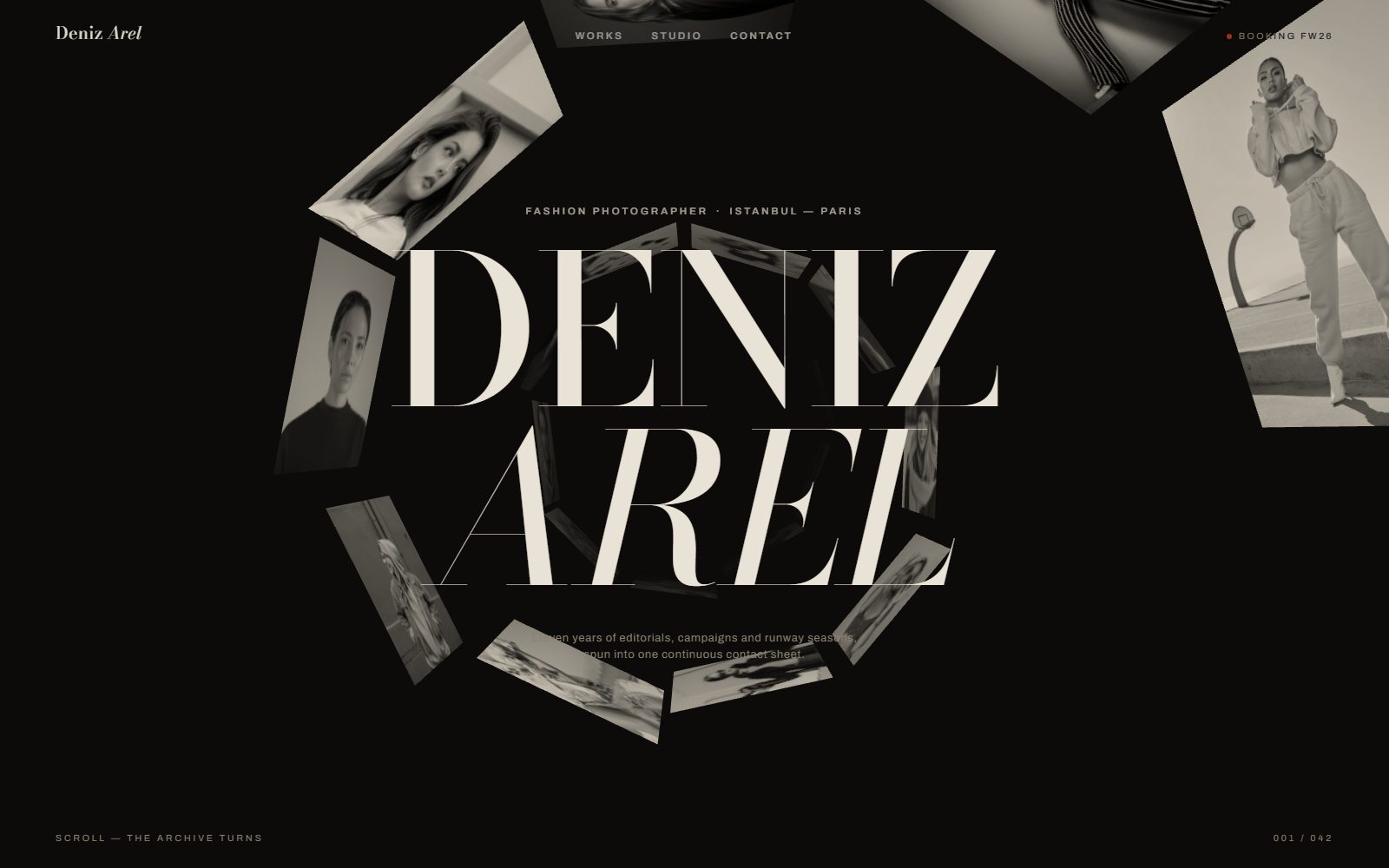 Deniz Arel — fashion photographer site, typographic ring hero