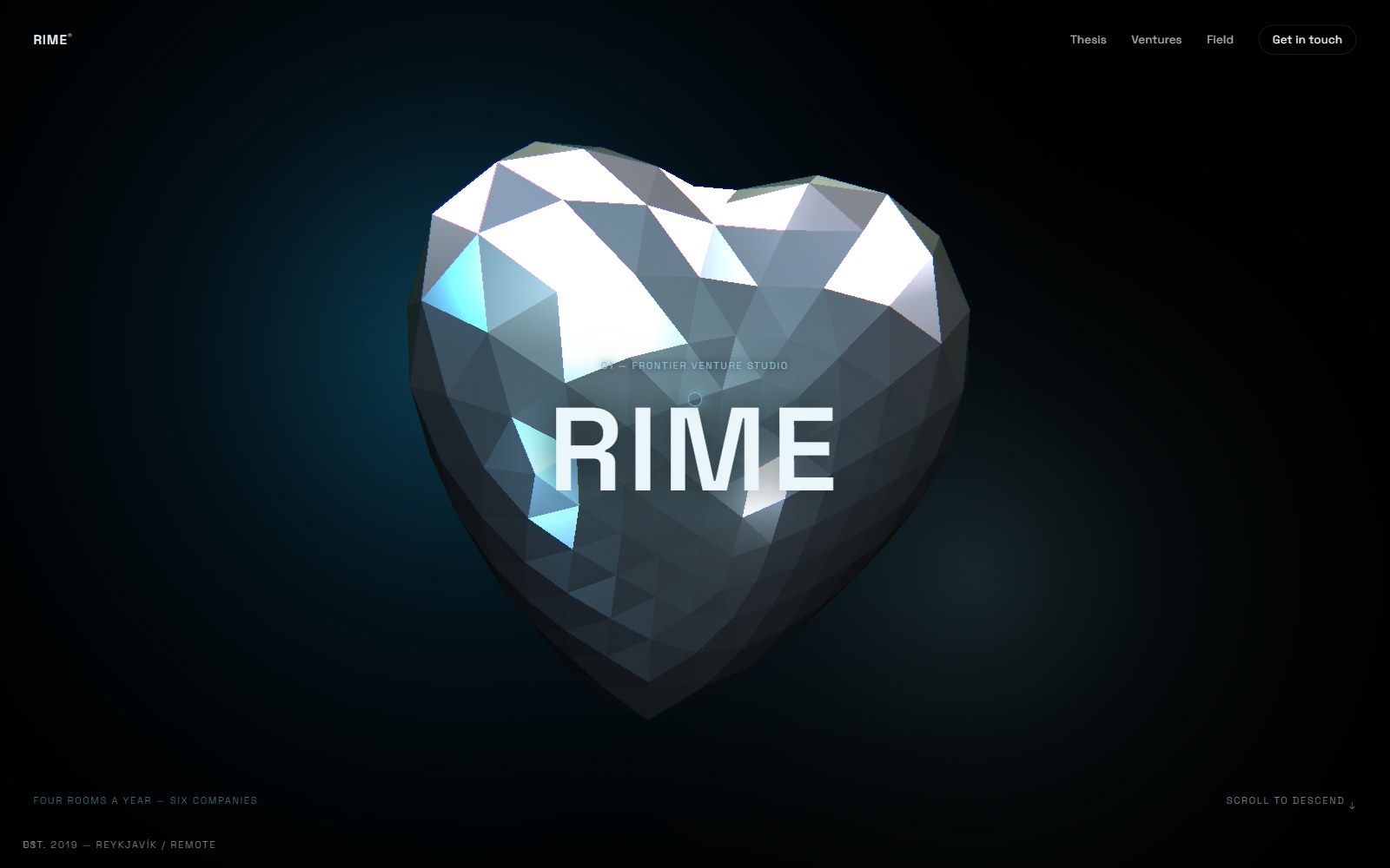 RIME — venture studio site with a silver crystal heart rendered in WebGL