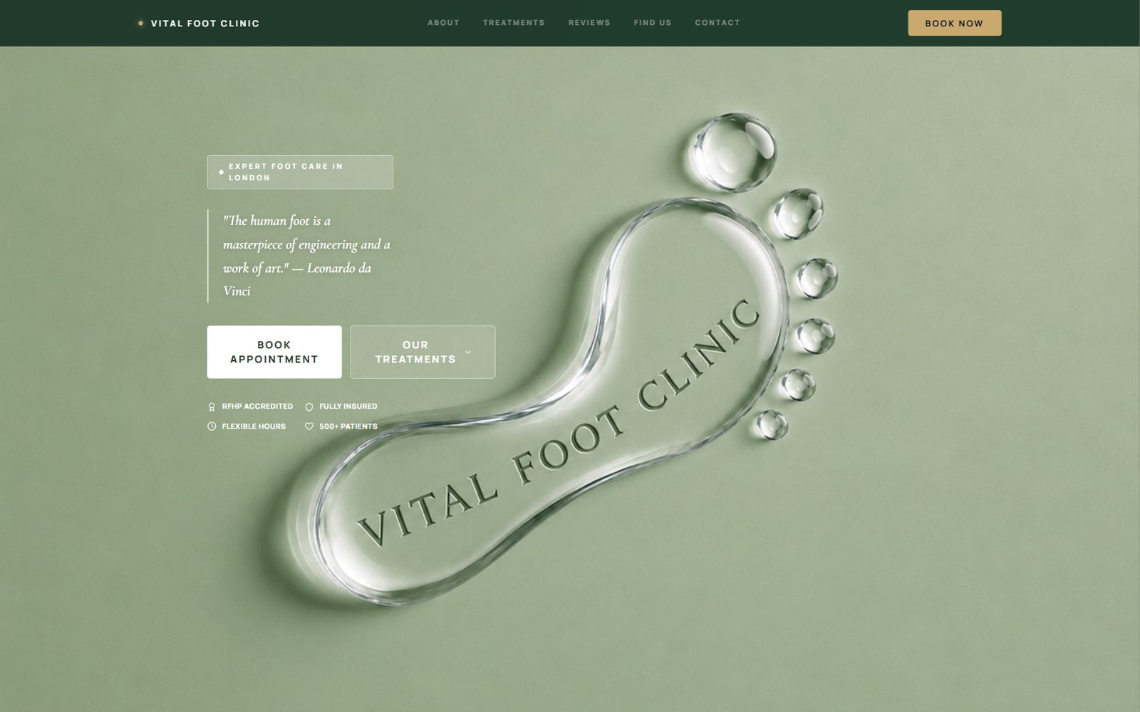 Vital Foot Clinic — clinic site with a glass-foot hero on sage green
